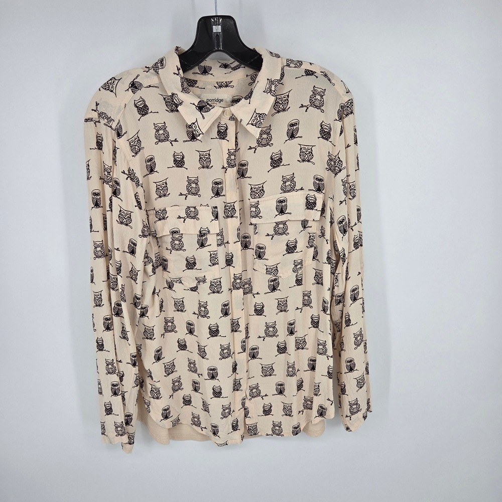 Porridge Clothing Women's XL Owl Print Button Down Long Sleeve Shirt Beige